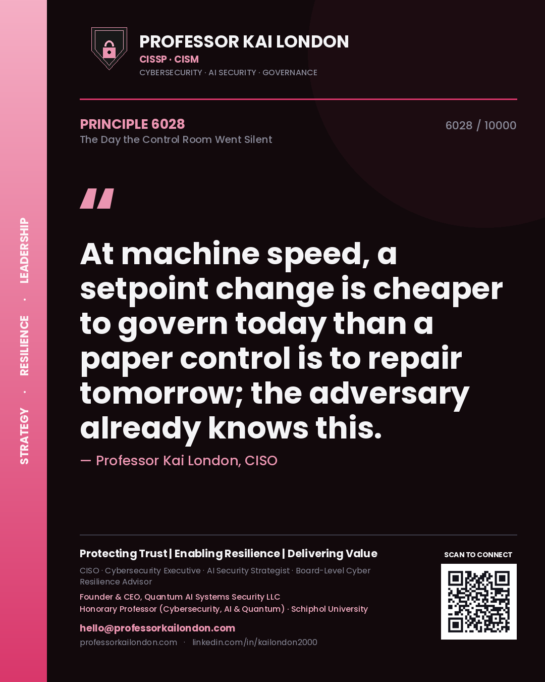 Professor Kai London principle 6028: At machine speed, a setpoint change is cheaper to govern today than a paper control is to repair tomorrow; the adversary already knows this.