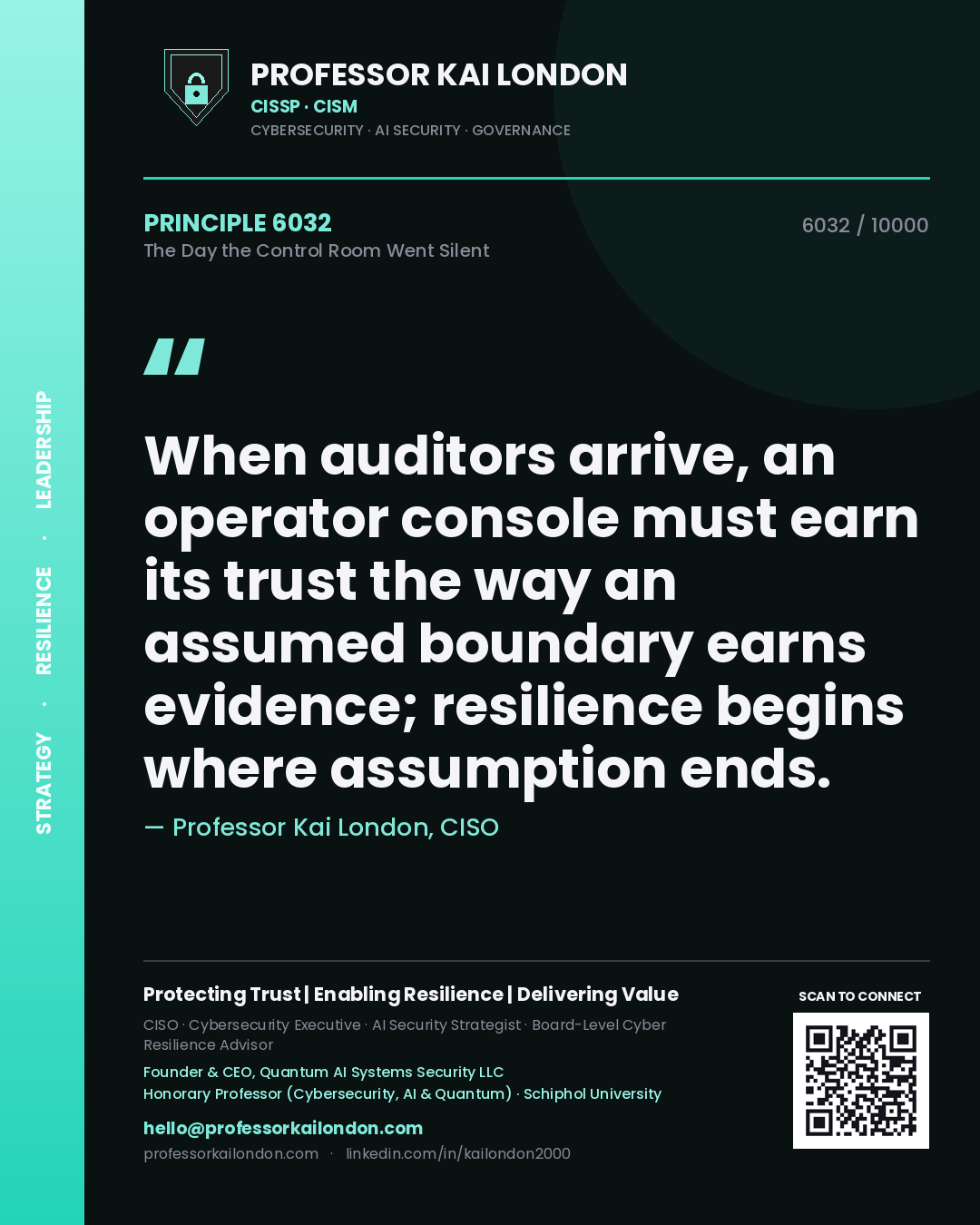 Professor Kai London principle 6032: When auditors arrive, an operator console must earn its trust the way an assumed boundary earns evidence; resilience begins where assumption ends.