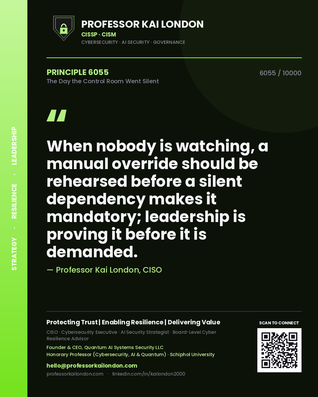 Professor Kai London principle 6055: When nobody is watching, a manual override should be rehearsed before a silent dependency makes it mandatory; leadership is proving it before it is demanded.