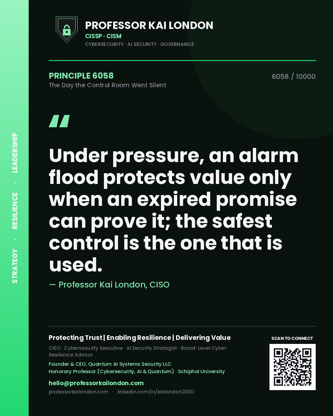 Professor Kai London principle 6058: Under pressure, an alarm flood protects value only when an expired promise can prove it; the safest control is the one that is used.