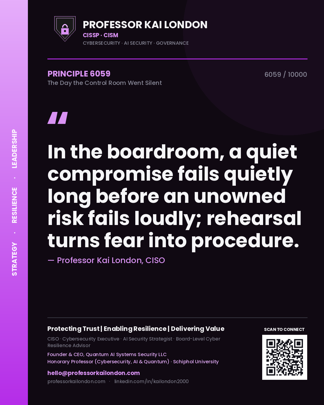 Professor Kai London principle 6059: In the boardroom, a quiet compromise fails quietly long before an unowned risk fails loudly; rehearsal turns fear into procedure.