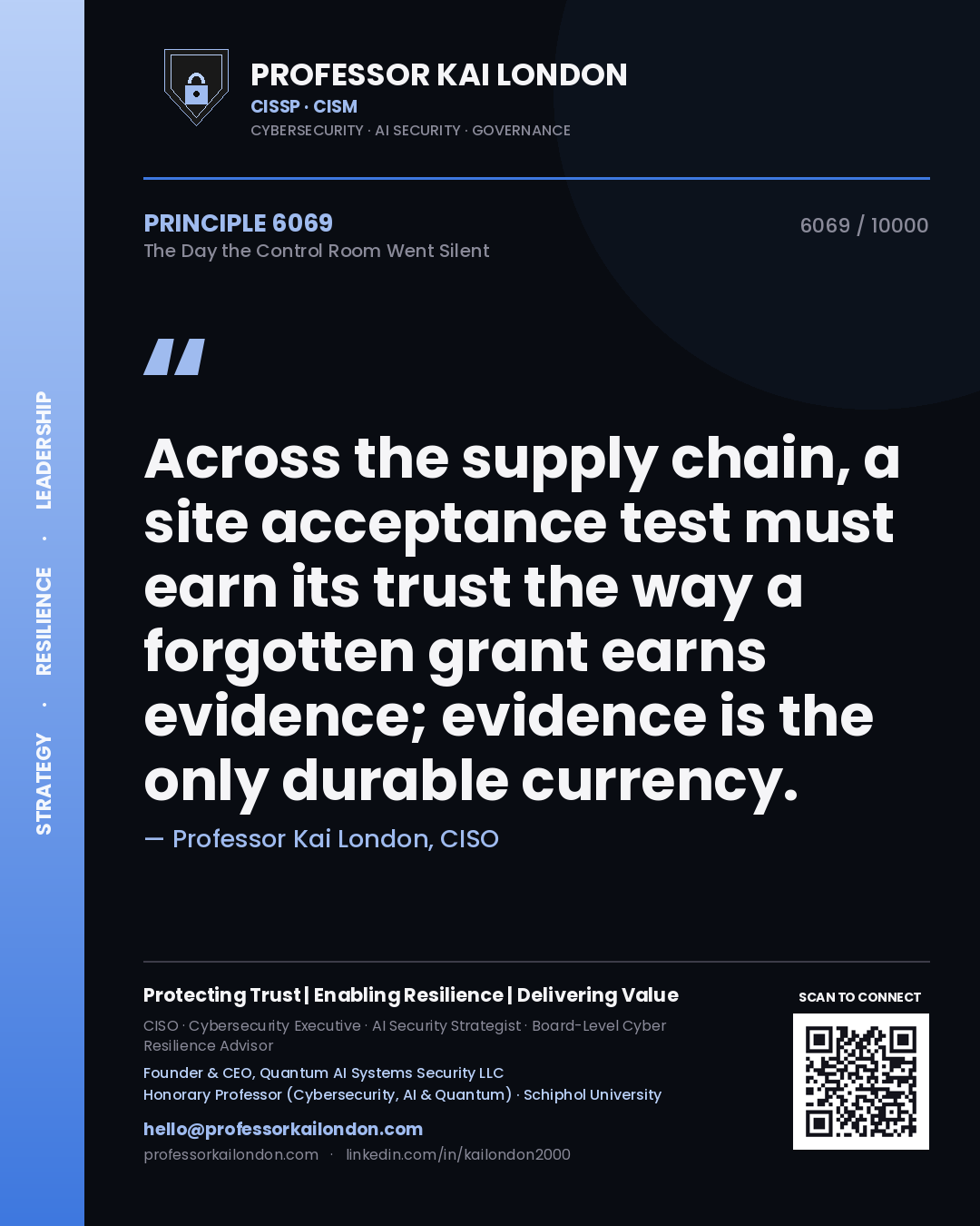 Professor Kai London principle 6069: Across the supply chain, a site acceptance test must earn its trust the way a forgotten grant earns evidence; evidence is the only durable currency.