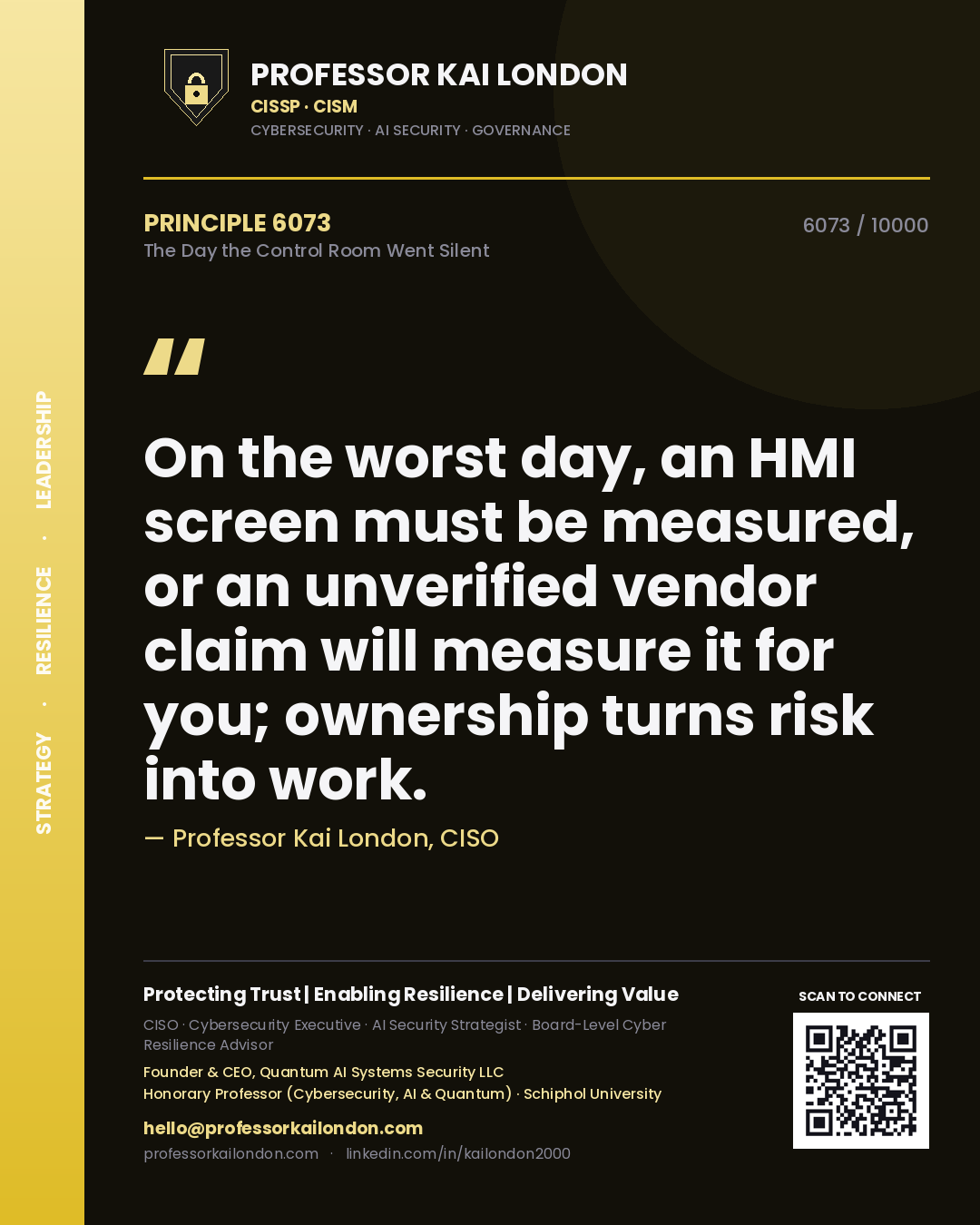 Professor Kai London principle 6073: On the worst day, an HMI screen must be measured, or an unverified vendor claim will measure it for you; ownership turns risk into work.