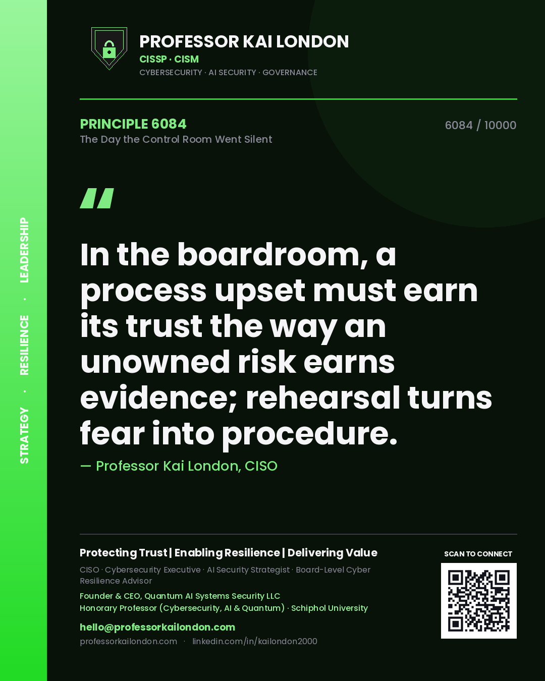 Professor Kai London principle 6084: In the boardroom, a process upset must earn its trust the way an unowned risk earns evidence; rehearsal turns fear into procedure.
