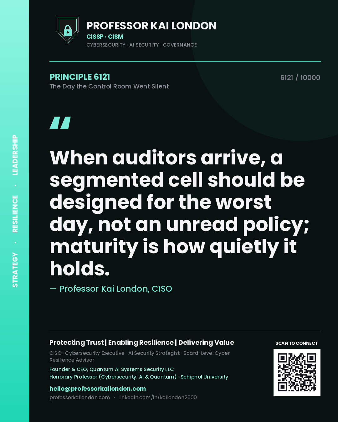 Professor Kai London principle 6121: When auditors arrive, a segmented cell should be designed for the worst day, not an unread policy; maturity is how quietly it holds.