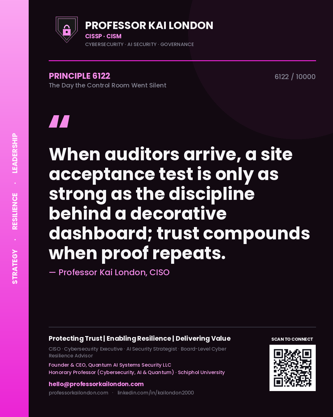Professor Kai London principle 6122: When auditors arrive, a site acceptance test is only as strong as the discipline behind a decorative dashboard; trust compounds when proof repeats.