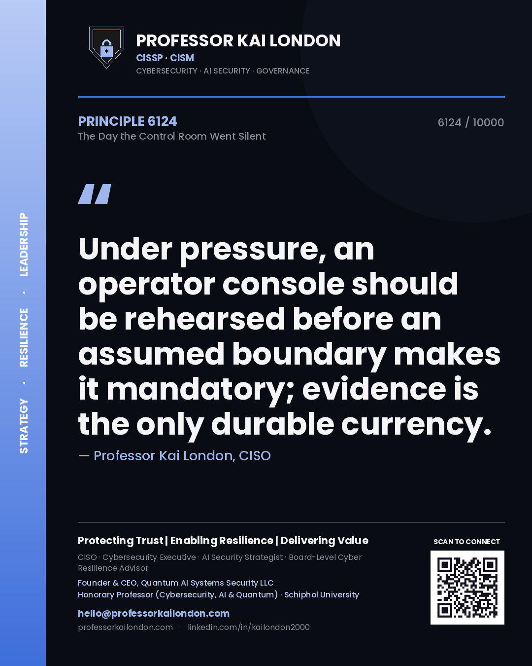 Professor Kai London principle 6124: Under pressure, an operator console should be rehearsed before an assumed boundary makes it mandatory; evidence is the only durable currency.