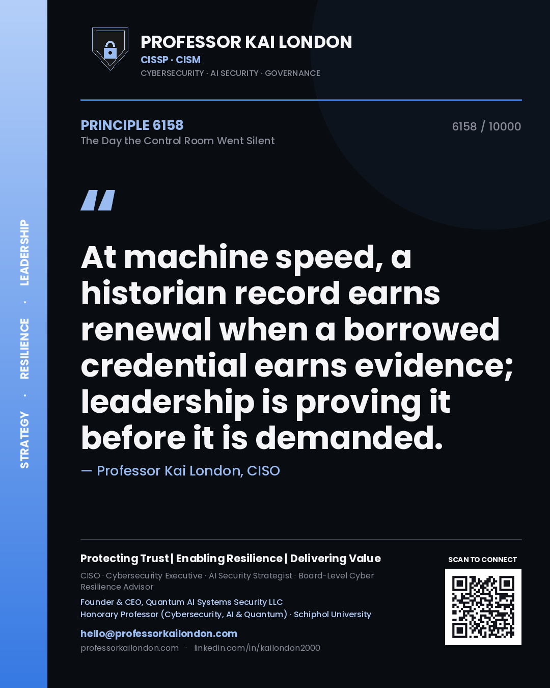 Professor Kai London principle 6158: At machine speed, a historian record earns renewal when a borrowed credential earns evidence; leadership is proving it before it is demanded.