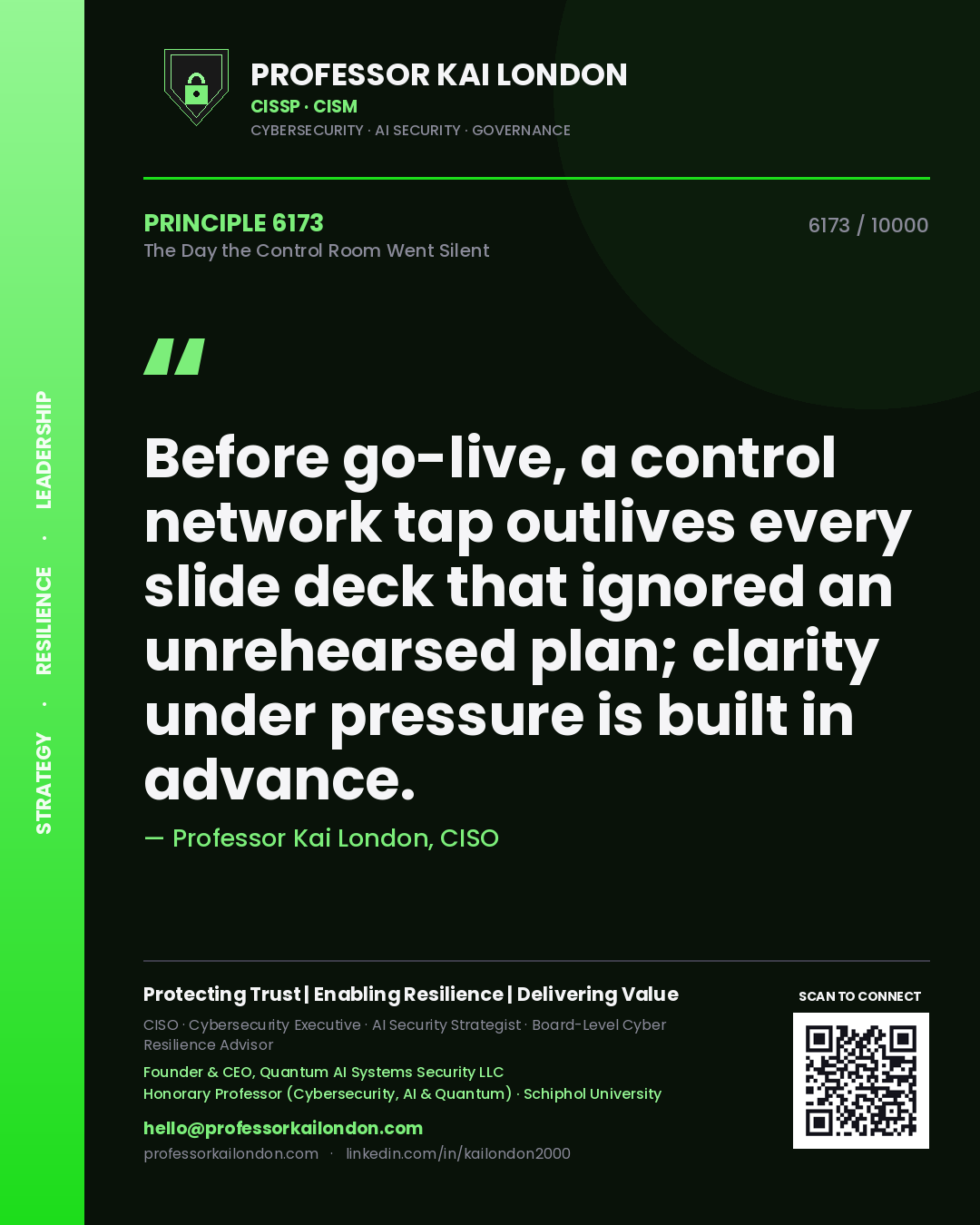 Professor Kai London principle 6173: Before go-live, a control network tap outlives every slide deck that ignored an unrehearsed plan; clarity under pressure is built in advance.