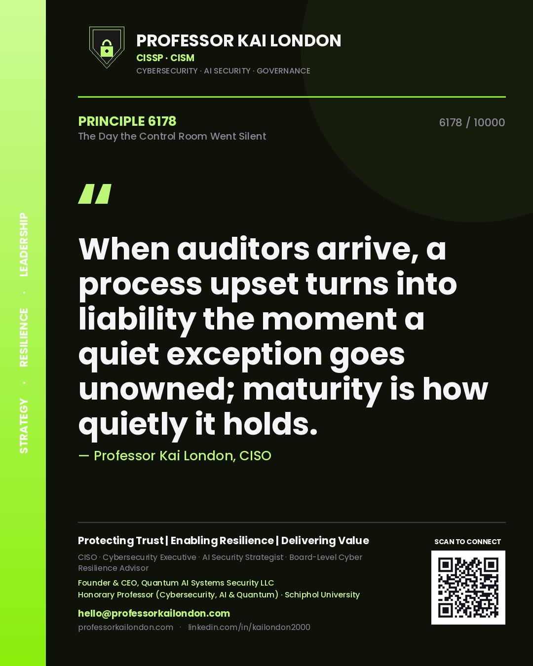 Professor Kai London principle 6178: When auditors arrive, a process upset turns into liability the moment a quiet exception goes unowned; maturity is how quietly it holds.