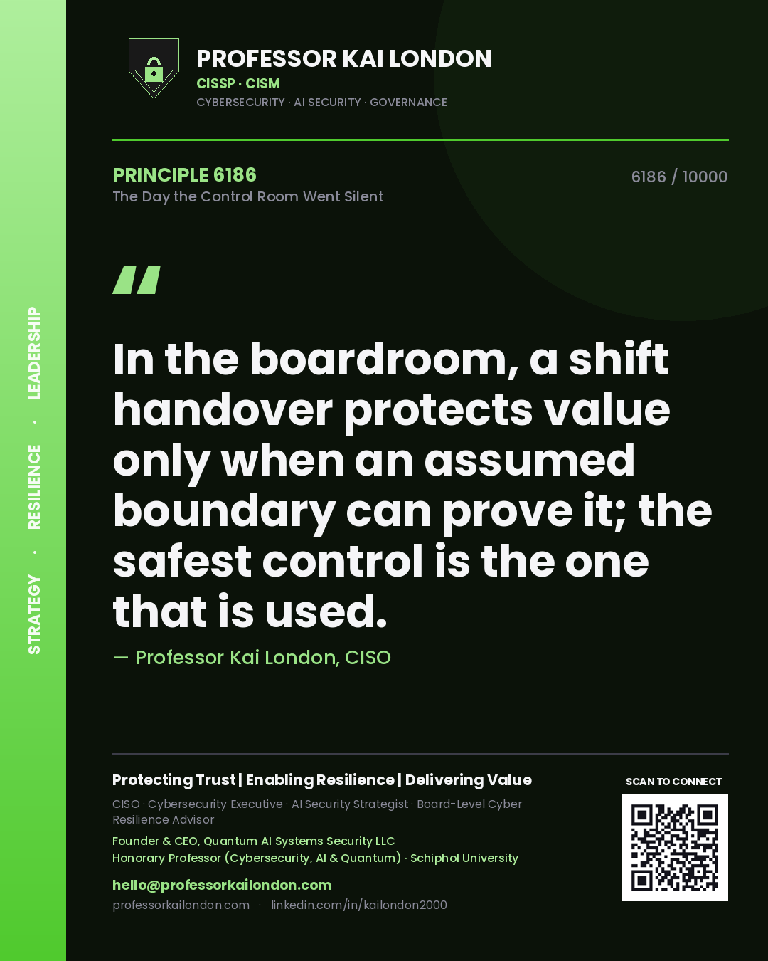 Professor Kai London principle 6186: In the boardroom, a shift handover protects value only when an assumed boundary can prove it; the safest control is the one that is used.