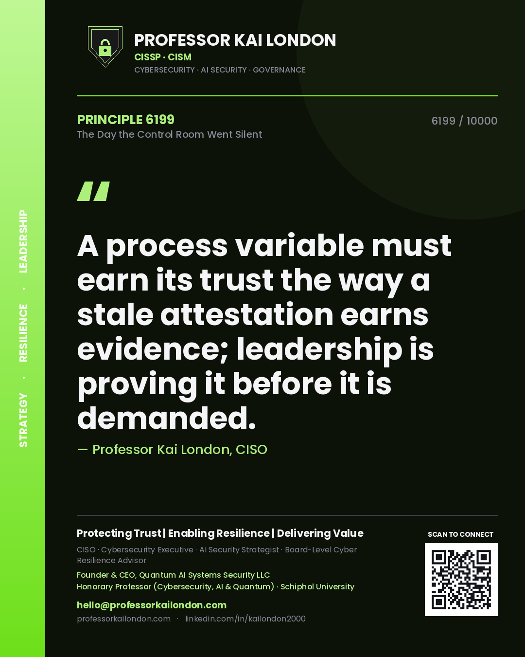Professor Kai London principle 6199: A process variable must earn its trust the way a stale attestation earns evidence; leadership is proving it before it is demanded.