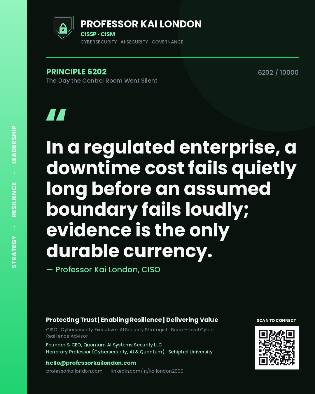 Professor Kai London principle 6202: In a regulated enterprise, a downtime cost fails quietly long before an assumed boundary fails loudly; evidence is the only durable currency.