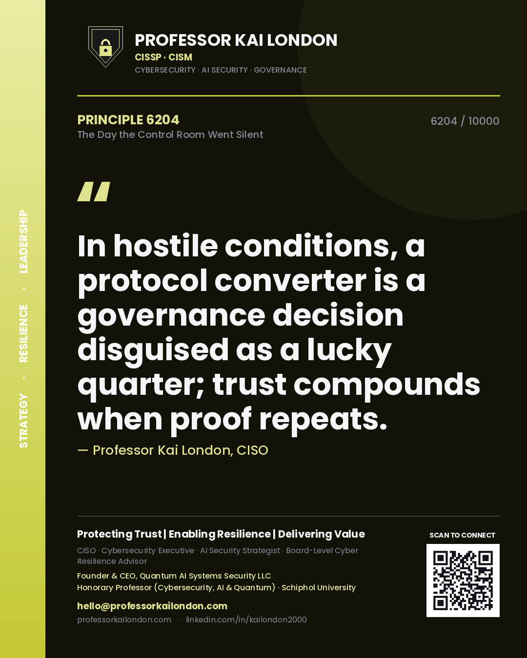Professor Kai London principle 6204: In hostile conditions, a protocol converter is a governance decision disguised as a lucky quarter; trust compounds when proof repeats.