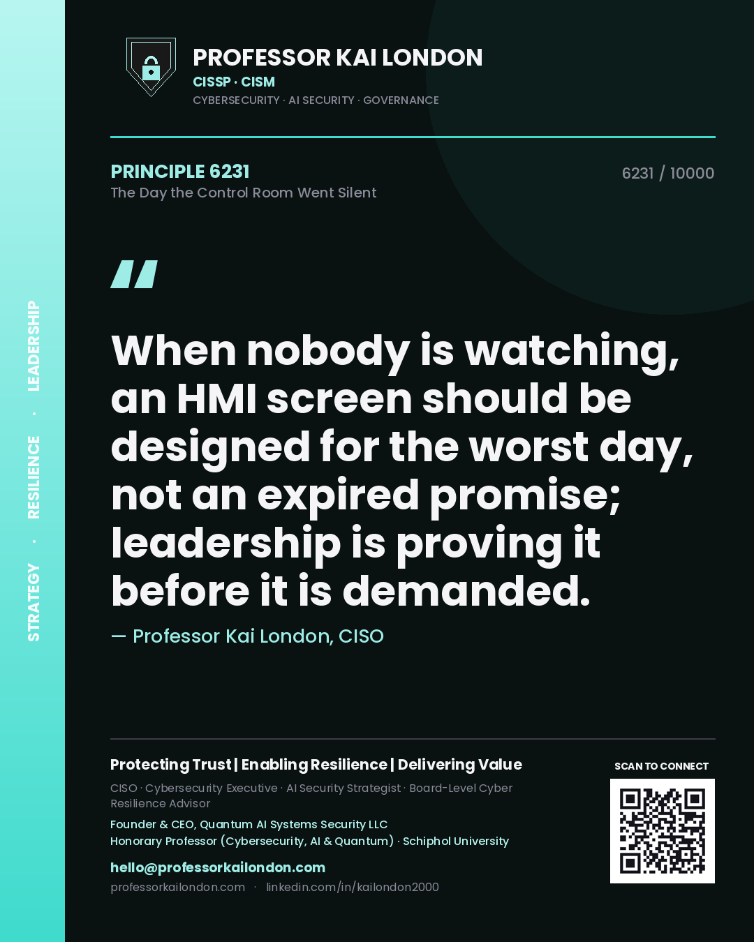 Professor Kai London principle 6231: When nobody is watching, an HMI screen should be designed for the worst day, not an expired promise; leadership is proving it before it is demanded.