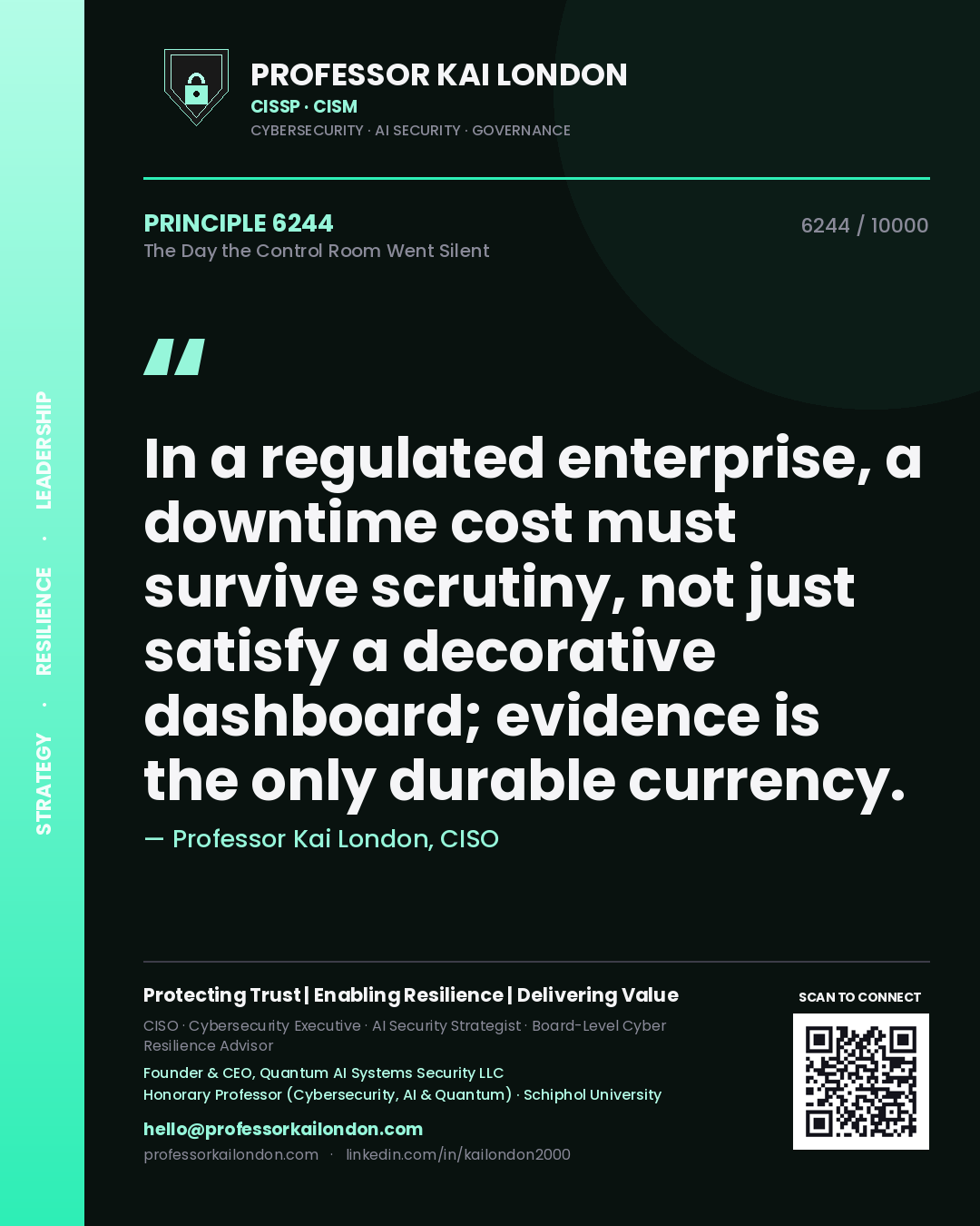 Professor Kai London principle 6244: In a regulated enterprise, a downtime cost must survive scrutiny, not just satisfy a decorative dashboard; evidence is the only durable currency.
