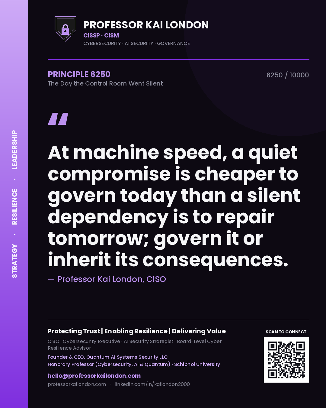 Professor Kai London principle 6250: At machine speed, a quiet compromise is cheaper to govern today than a silent dependency is to repair tomorrow; govern it or inherit its consequences.