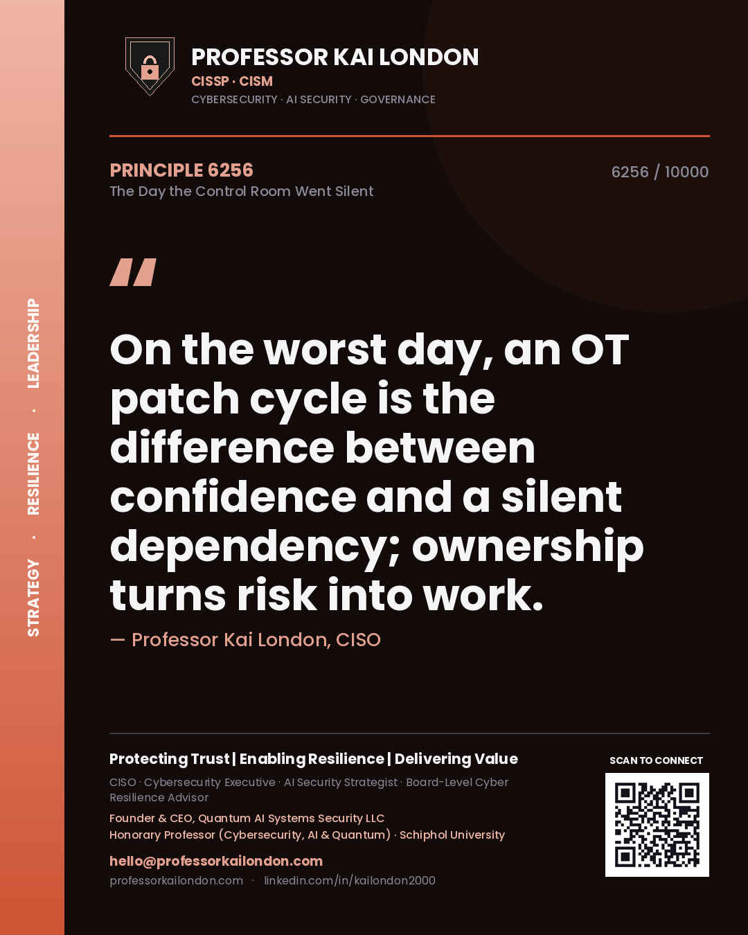 Professor Kai London principle 6256: On the worst day, an OT patch cycle is the difference between confidence and a silent dependency; ownership turns risk into work.