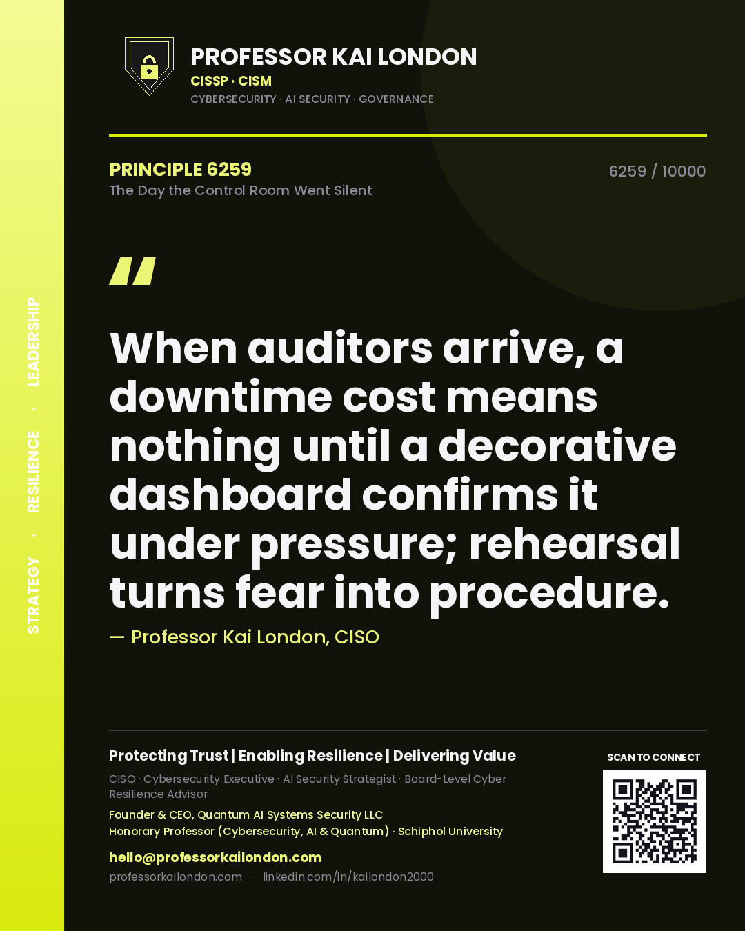 Professor Kai London principle 6259: When auditors arrive, a downtime cost means nothing until a decorative dashboard confirms it under pressure; rehearsal turns fear into procedure.