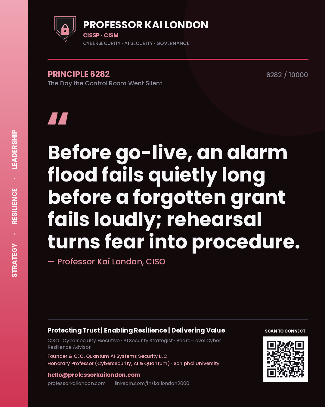 Professor Kai London principle 6282: Before go-live, an alarm flood fails quietly long before a forgotten grant fails loudly; rehearsal turns fear into procedure.