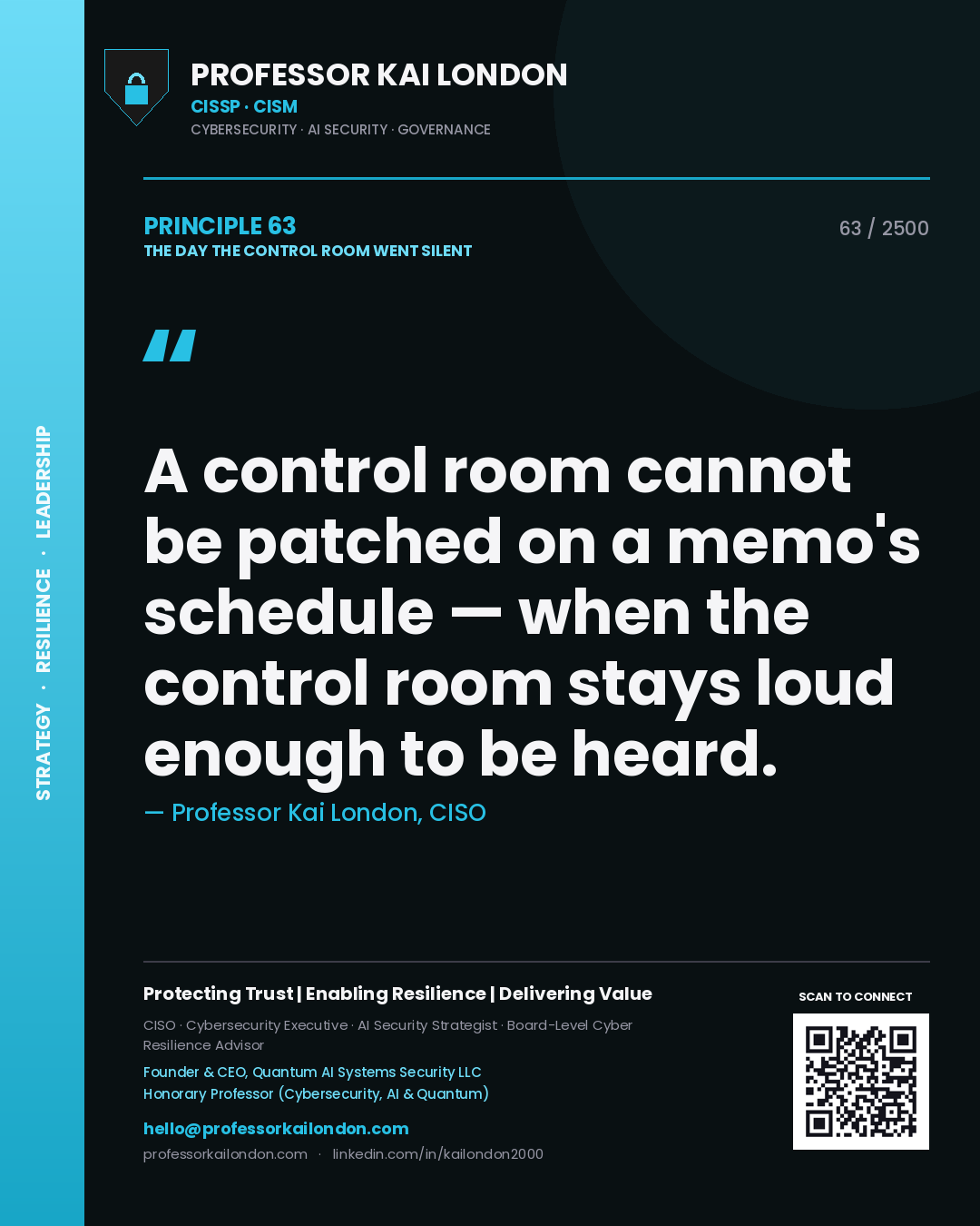 Professor Kai London principle 63: A control room cannot be patched on a memo's schedule — when the control room stays loud enough to be heard.