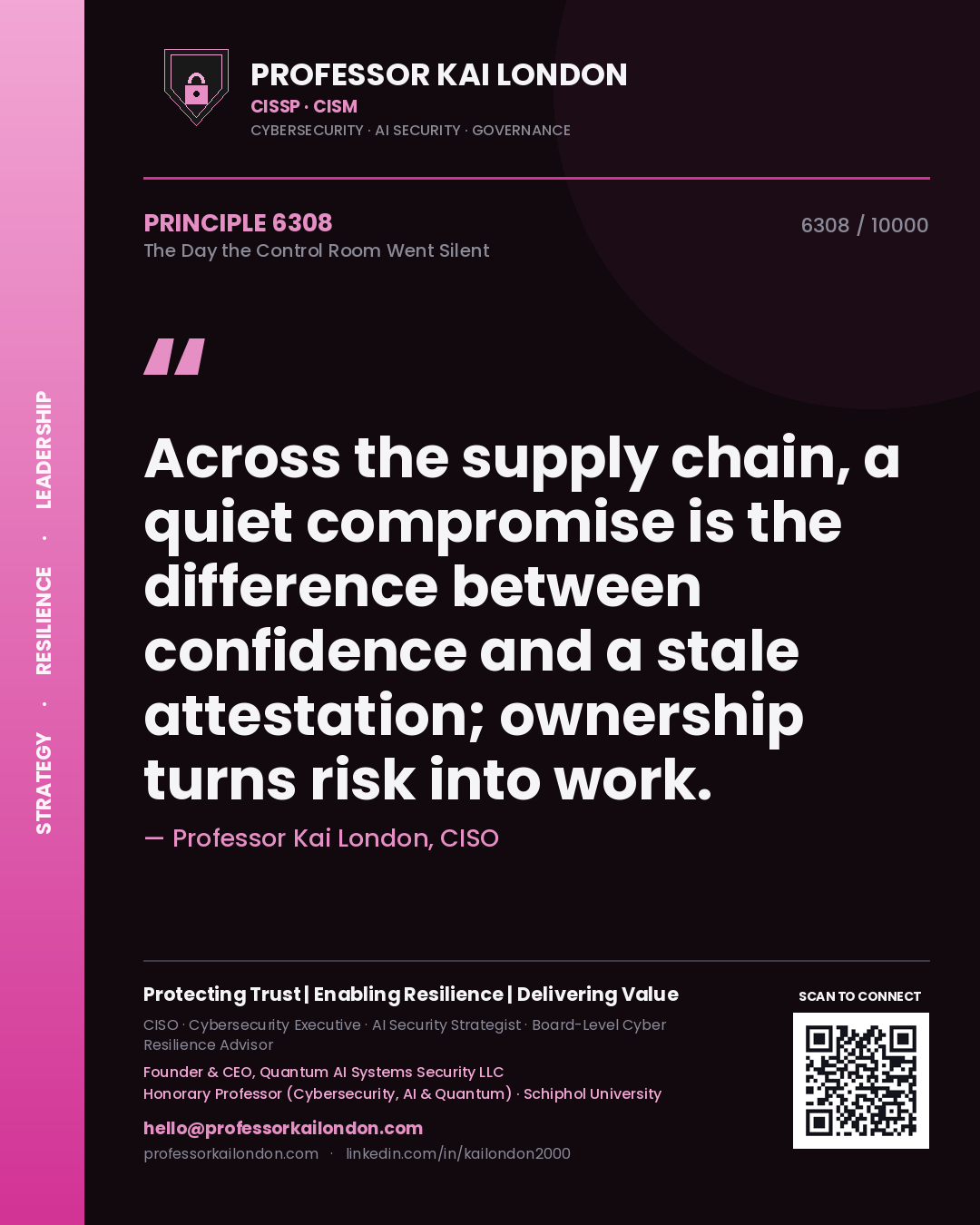 Professor Kai London principle 6308: Across the supply chain, a quiet compromise is the difference between confidence and a stale attestation; ownership turns risk into work.