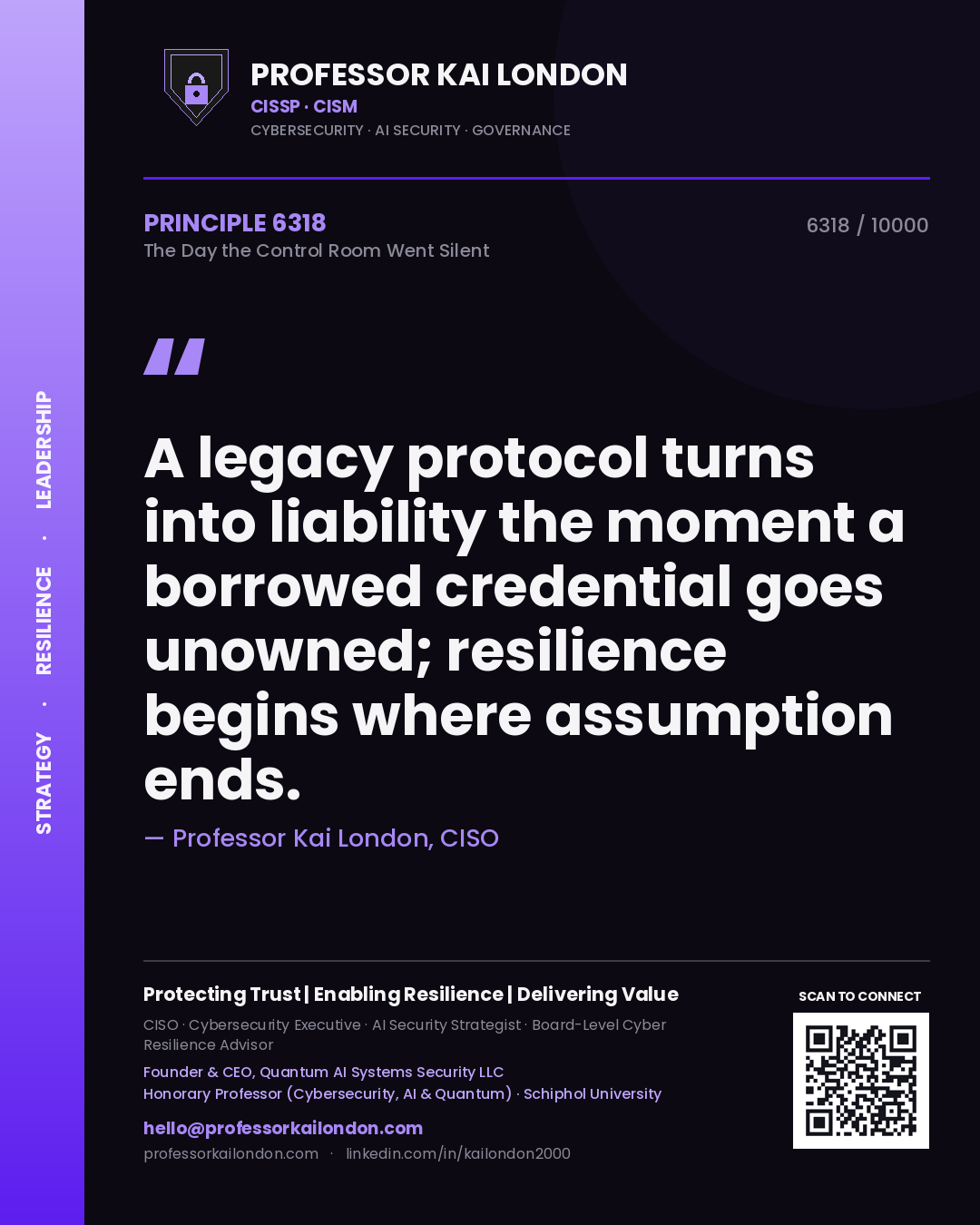 Professor Kai London principle 6318: A legacy protocol turns into liability the moment a borrowed credential goes unowned; resilience begins where assumption ends.