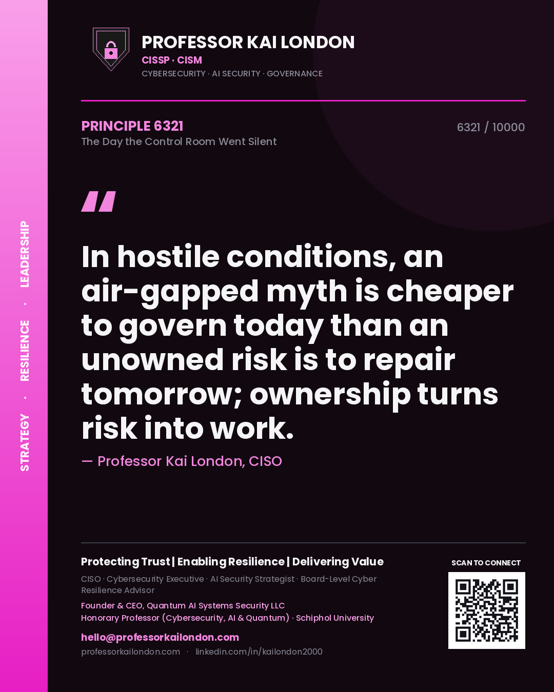 Professor Kai London principle 6321: In hostile conditions, an air-gapped myth is cheaper to govern today than an unowned risk is to repair tomorrow; ownership turns risk into work.