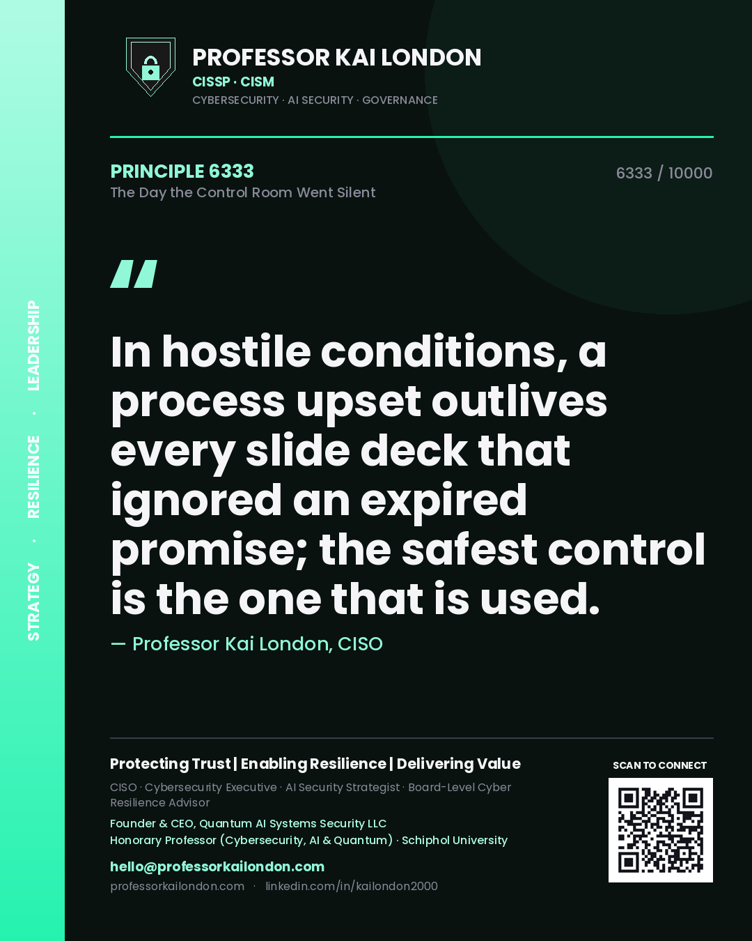 Professor Kai London principle 6333: In hostile conditions, a process upset outlives every slide deck that ignored an expired promise; the safest control is the one that is used.