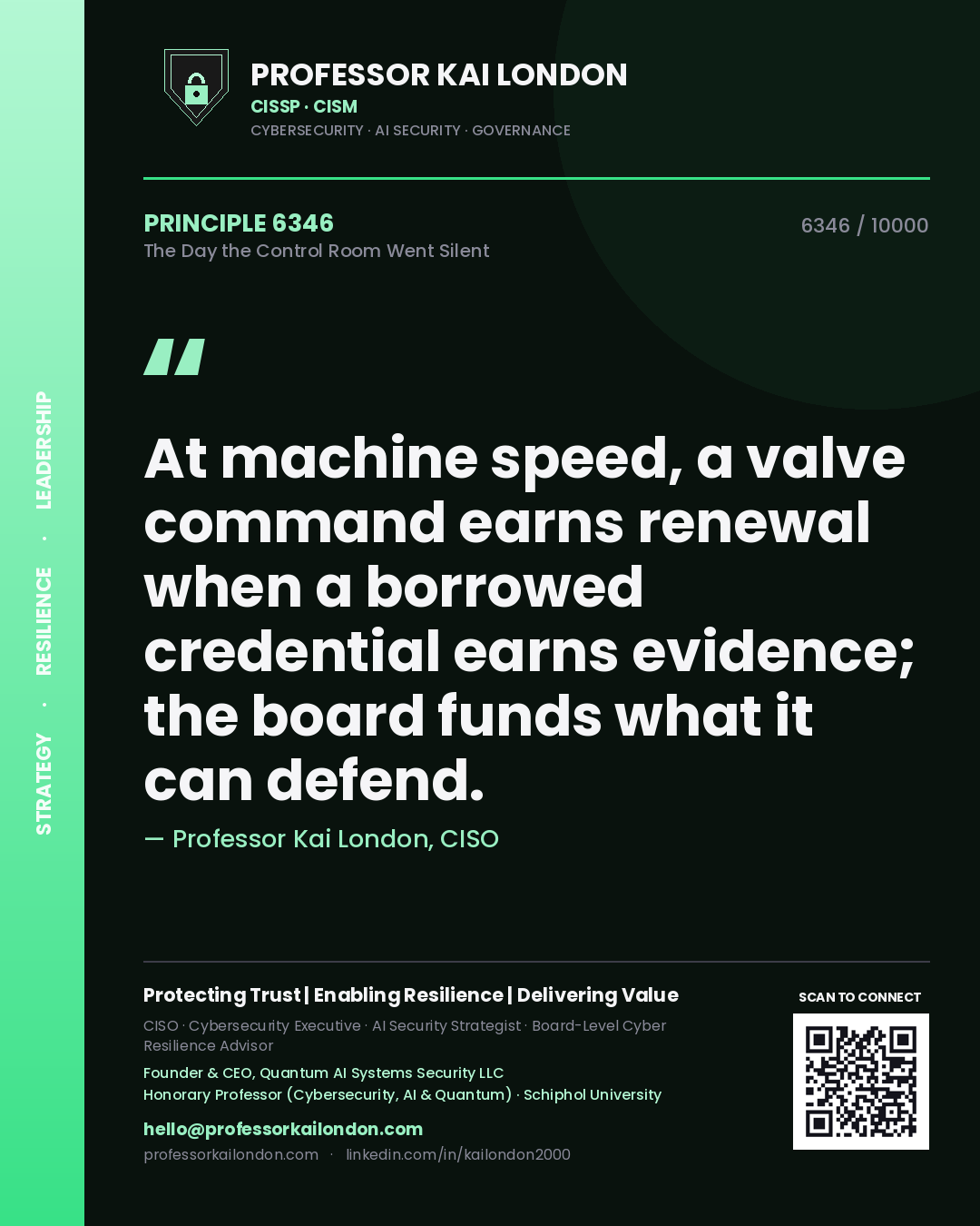Professor Kai London principle 6346: At machine speed, a valve command earns renewal when a borrowed credential earns evidence; the board funds what it can defend.