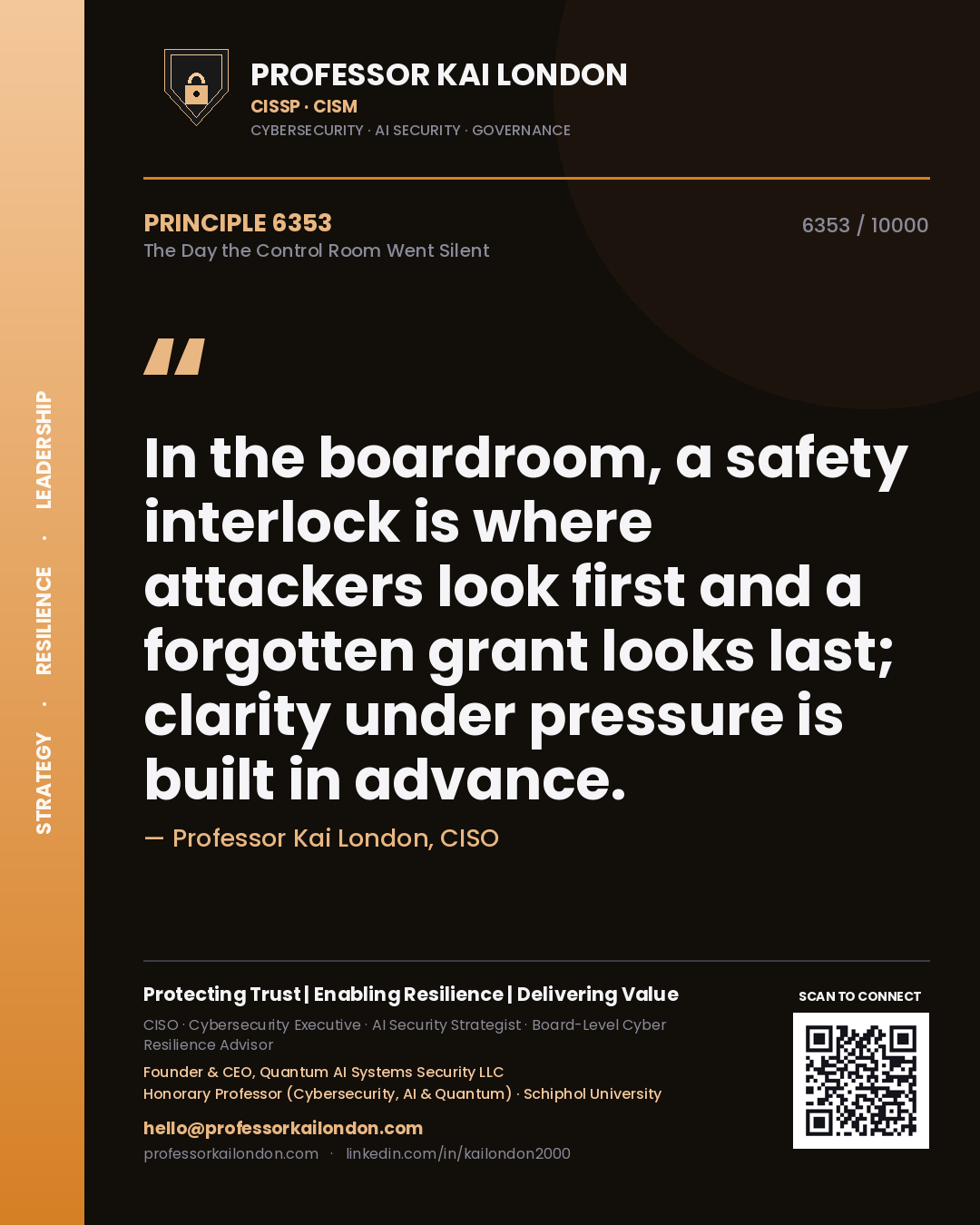 Professor Kai London principle 6353: In the boardroom, a safety interlock is where attackers look first and a forgotten grant looks last; clarity under pressure is built in advance.
