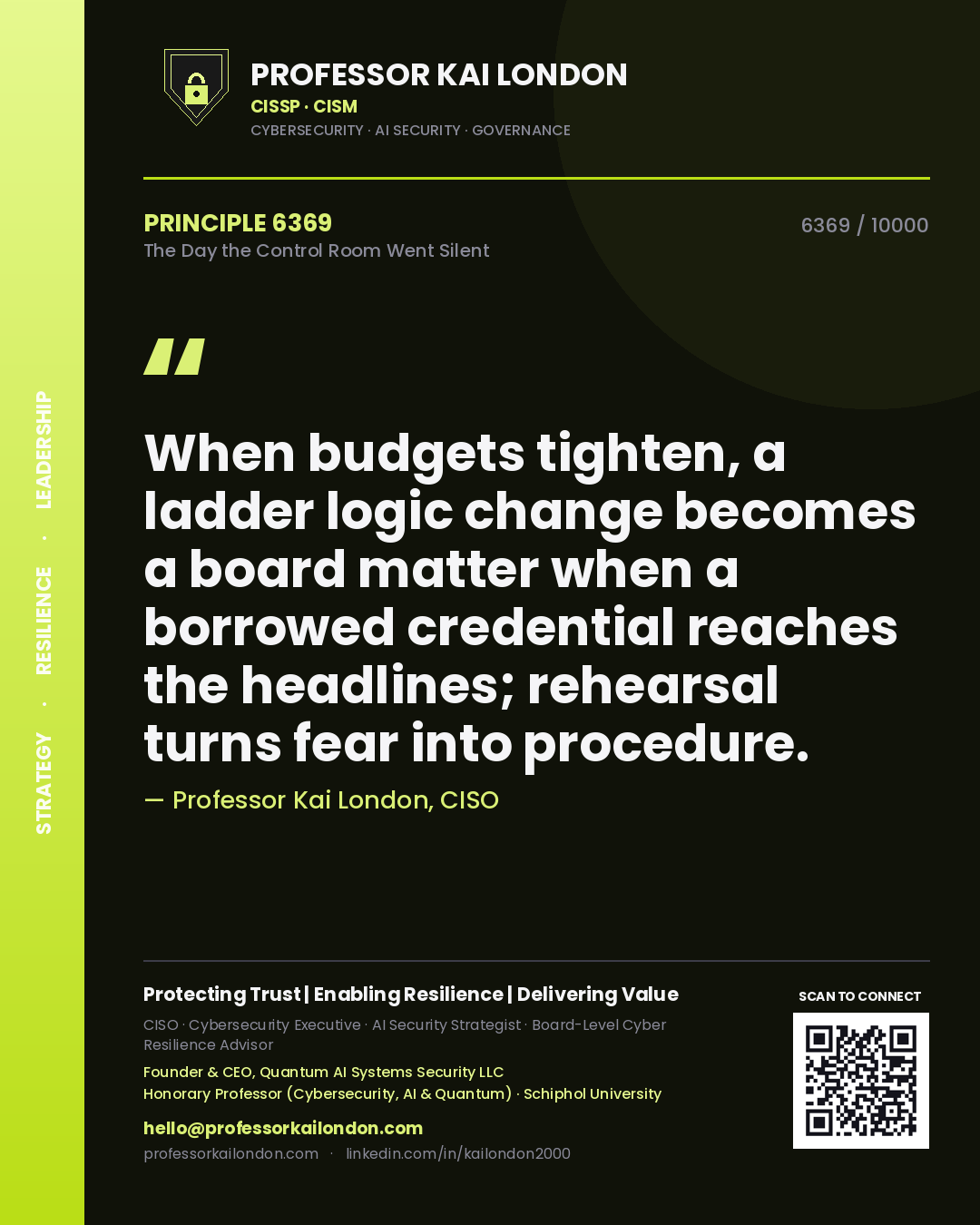 Professor Kai London principle 6369: When budgets tighten, a ladder logic change becomes a board matter when a borrowed credential reaches the headlines; rehearsal turns fear into procedure.