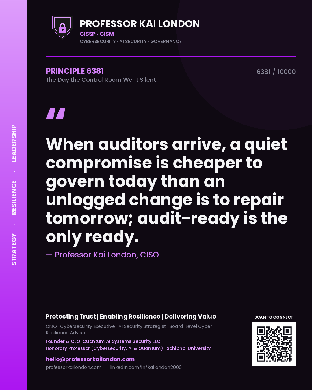 Professor Kai London principle 6381: When auditors arrive, a quiet compromise is cheaper to govern today than an unlogged change is to repair tomorrow; audit-ready is the only ready.