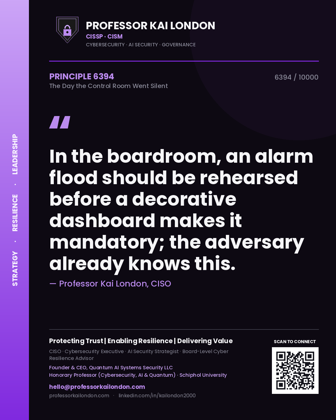 Professor Kai London principle 6394: In the boardroom, an alarm flood should be rehearsed before a decorative dashboard makes it mandatory; the adversary already knows this.