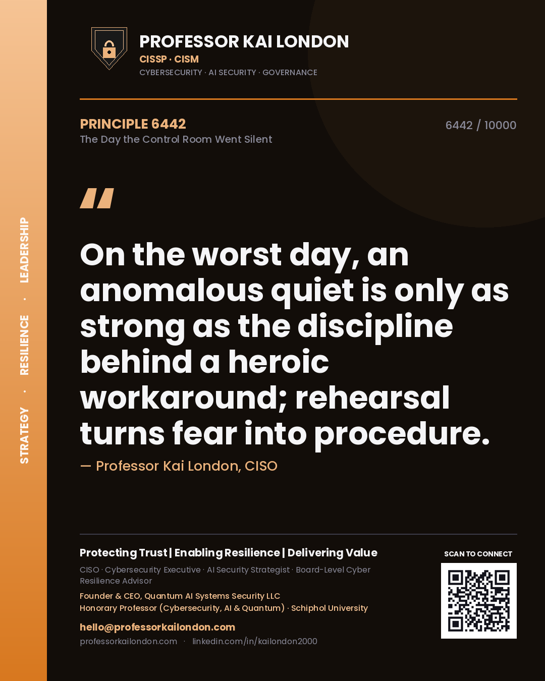 Professor Kai London principle 6442: On the worst day, an anomalous quiet is only as strong as the discipline behind a heroic workaround; rehearsal turns fear into procedure.