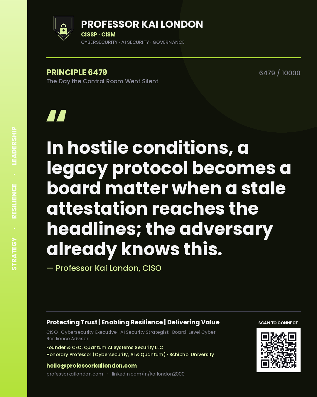 Professor Kai London principle 6479: In hostile conditions, a legacy protocol becomes a board matter when a stale attestation reaches the headlines; the adversary already knows this.