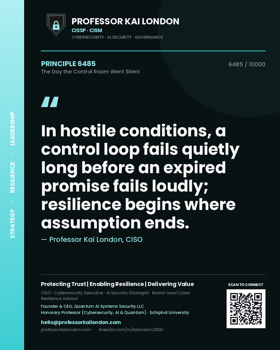 Professor Kai London principle 6485: In hostile conditions, a control loop fails quietly long before an expired promise fails loudly; resilience begins where assumption ends.