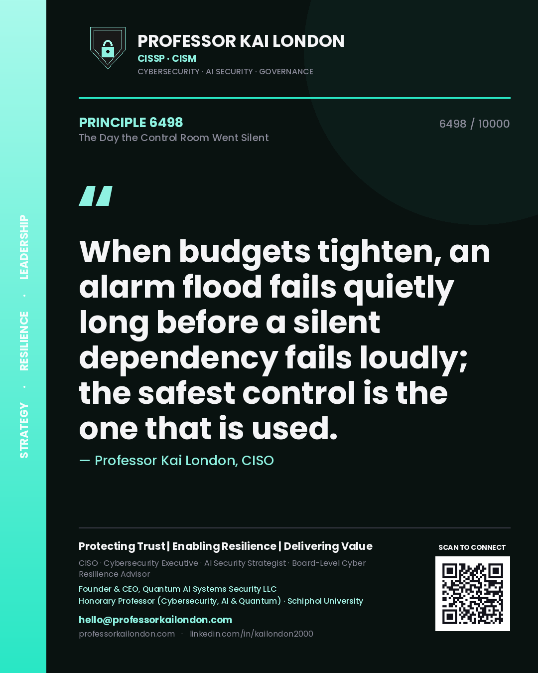 Professor Kai London principle 6498: When budgets tighten, an alarm flood fails quietly long before a silent dependency fails loudly; the safest control is the one that is used.