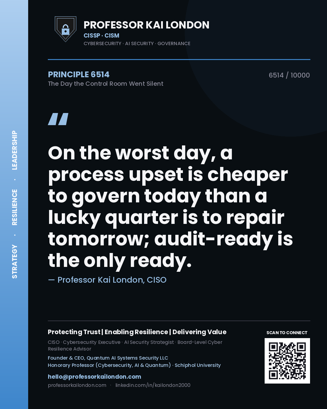 Professor Kai London principle 6514: On the worst day, a process upset is cheaper to govern today than a lucky quarter is to repair tomorrow; audit-ready is the only ready.