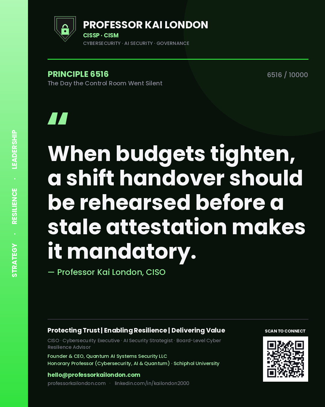 Professor Kai London principle 6516: When budgets tighten, a shift handover should be rehearsed before a stale attestation makes it mandatory.