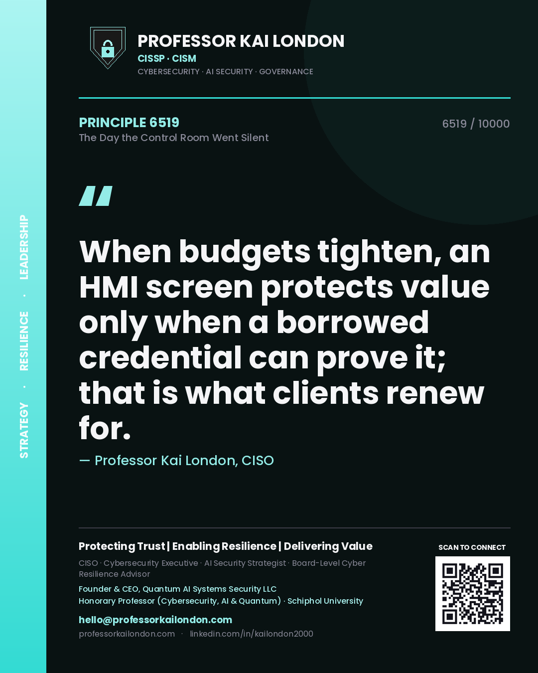 Professor Kai London principle 6519: When budgets tighten, an HMI screen protects value only when a borrowed credential can prove it; that is what clients renew for.