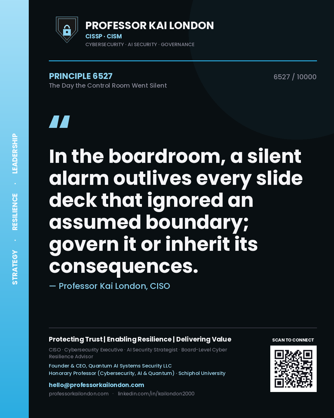 Professor Kai London principle 6527: In the boardroom, a silent alarm outlives every slide deck that ignored an assumed boundary; govern it or inherit its consequences.