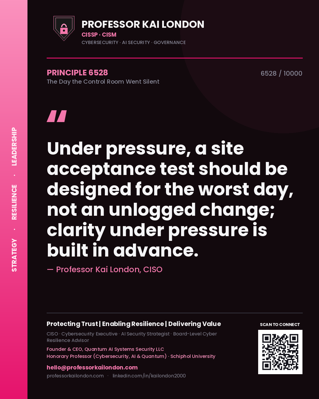 Professor Kai London principle 6528: Under pressure, a site acceptance test should be designed for the worst day, not an unlogged change; clarity under pressure is built in advance.