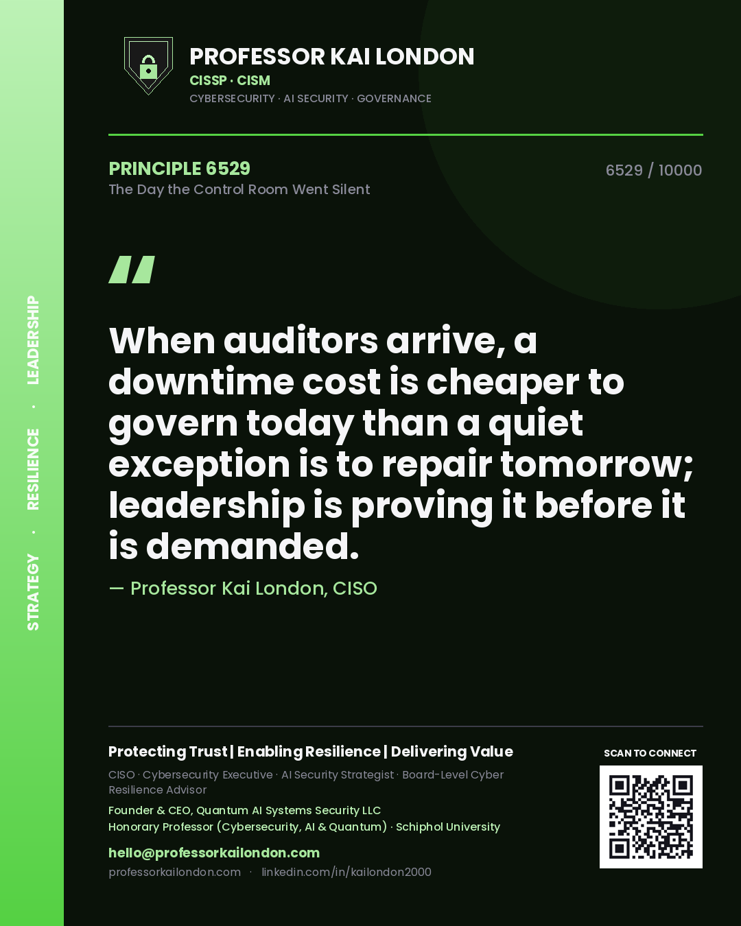 Professor Kai London principle 6529: When auditors arrive, a downtime cost is cheaper to govern today than a quiet exception is to repair tomorrow; leadership is proving it before it is demanded.