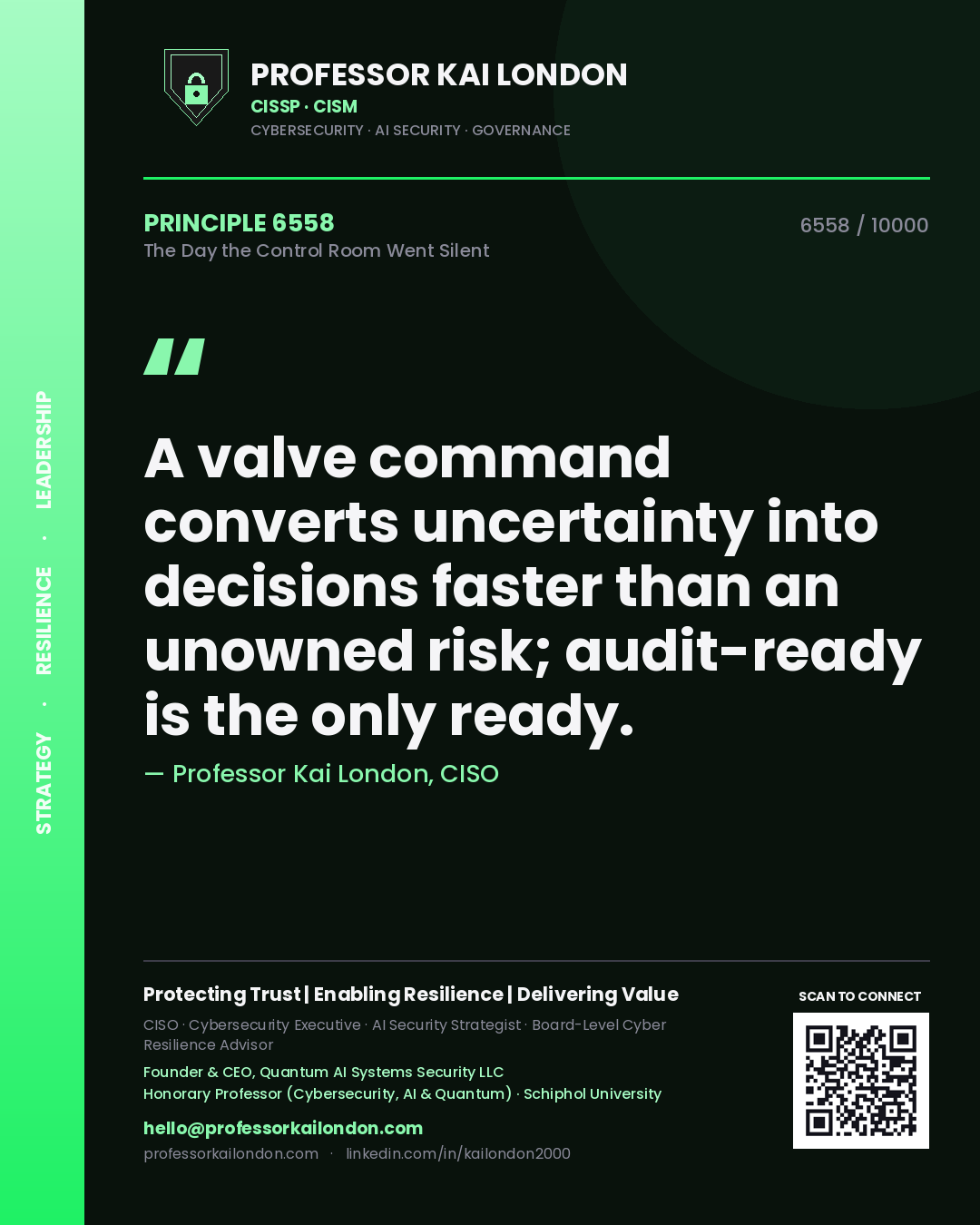 Professor Kai London principle 6558: A valve command converts uncertainty into decisions faster than an unowned risk; audit-ready is the only ready.