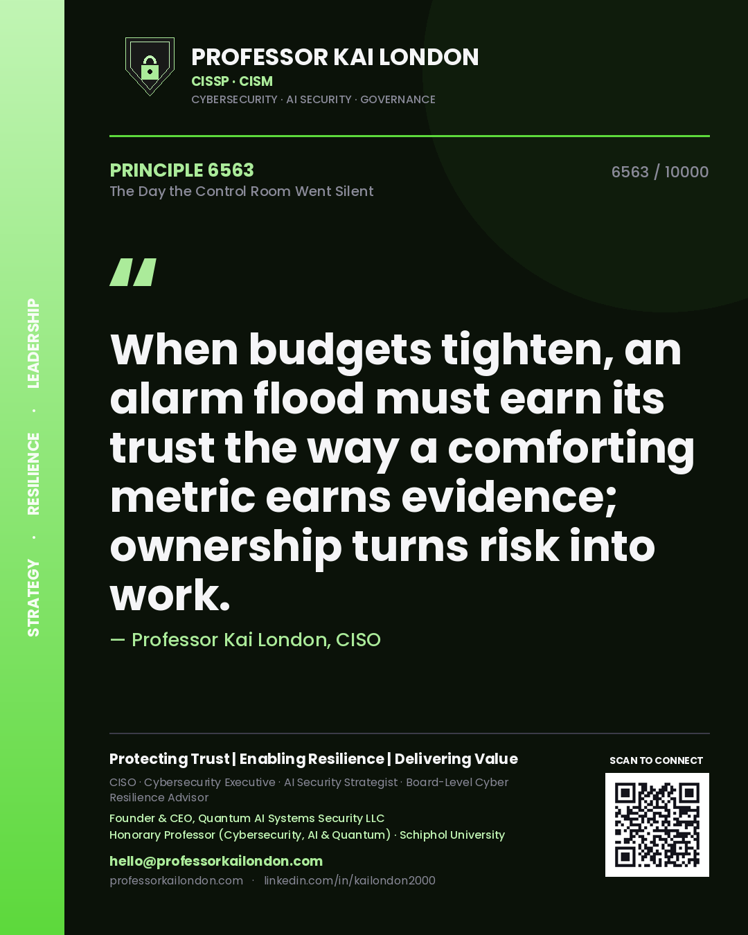 Professor Kai London principle 6563: When budgets tighten, an alarm flood must earn its trust the way a comforting metric earns evidence; ownership turns risk into work.