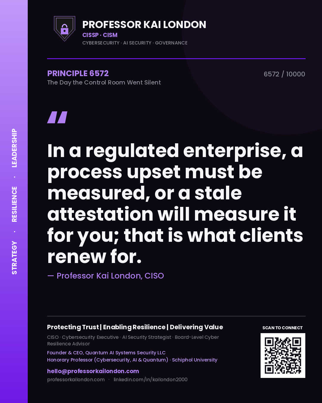 Professor Kai London principle 6572: In a regulated enterprise, a process upset must be measured, or a stale attestation will measure it for you; that is what clients renew for.