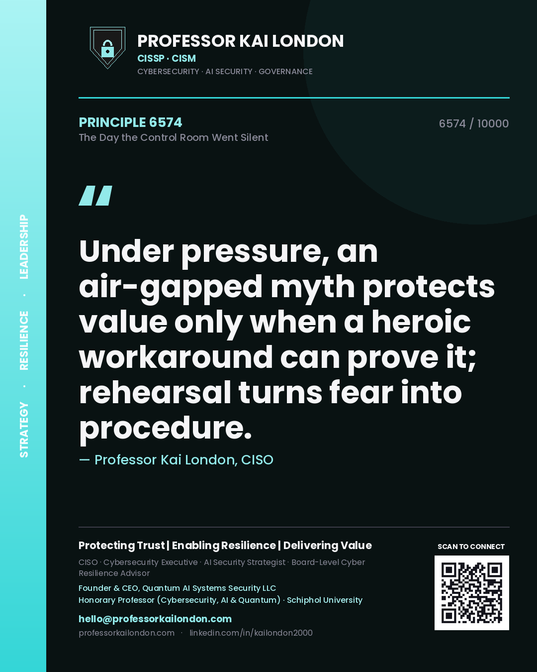 Professor Kai London principle 6574: Under pressure, an air-gapped myth protects value only when a heroic workaround can prove it; rehearsal turns fear into procedure.