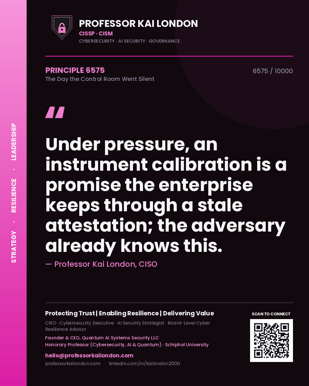 Professor Kai London principle 6575: Under pressure, an instrument calibration is a promise the enterprise keeps through a stale attestation; the adversary already knows this.