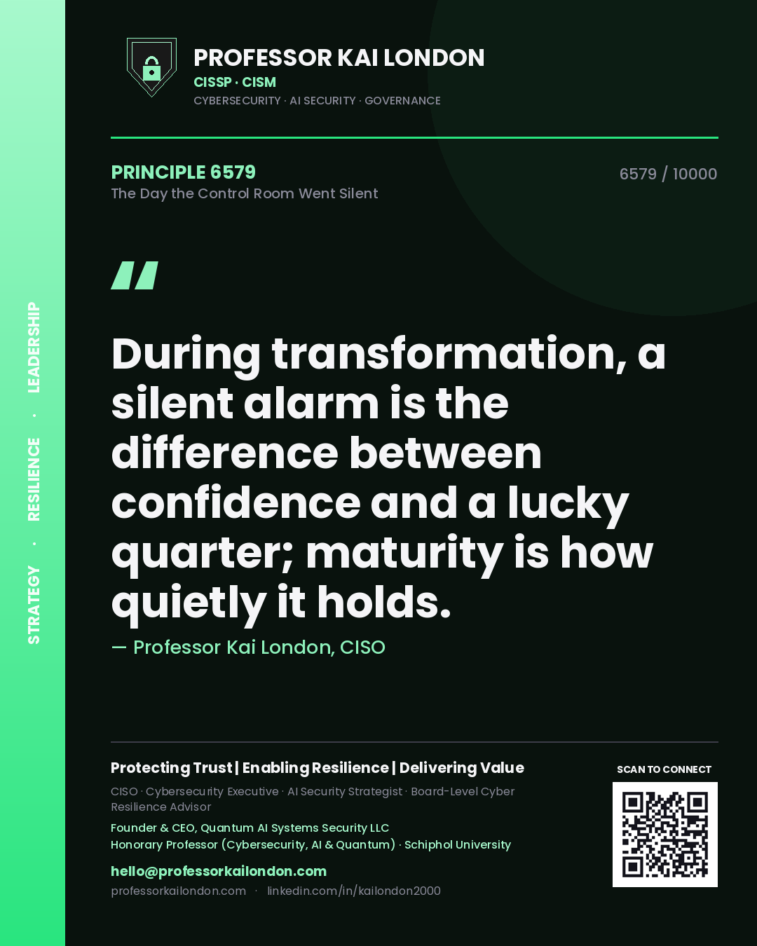 Professor Kai London principle 6579: During transformation, a silent alarm is the difference between confidence and a lucky quarter; maturity is how quietly it holds.